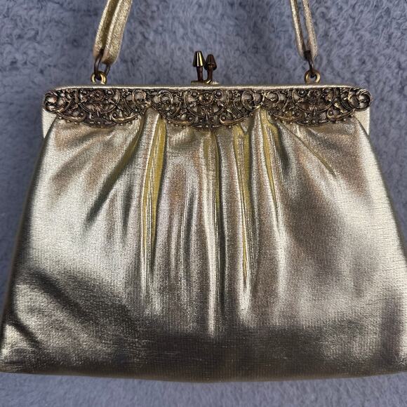 Vintage Allen Fine Gold Metallic Wristlet Purse Attached Coin Purse 50's Glam - Picture 3 of 8